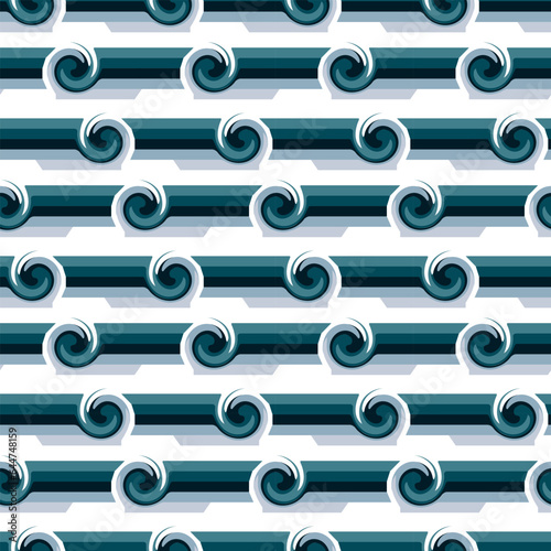 Seamless pattern in retro style. Disco wavy blue background for fashionable prints in funk style. An unusual psychedelic summer background with a whirlpool. Sea line, a sea repeating wave