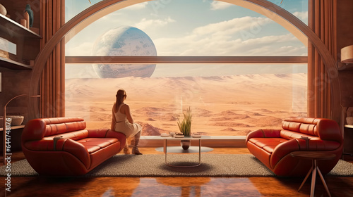 Silhouette of a woman on a sofa in the interior of a room on another planet.
