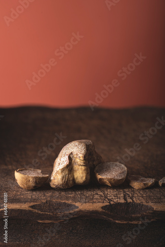 White truffle on antique wooden board, autumn leaves. Terracotta color table, magical autumn light in the style of the Chef's table, front view. Autumn gourmet cuisine of Piedmont, Northern Italy