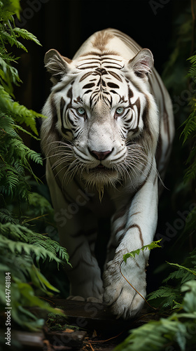 A majestic white tiger roaming through a dense forest