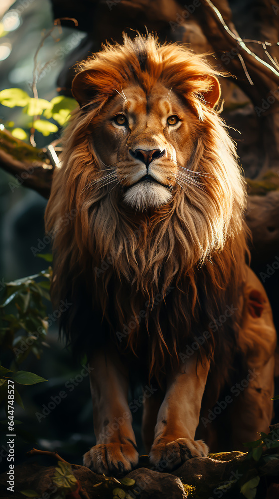 A majestic lion roaming through a dense forest A majestic lion roaming through a dense forest