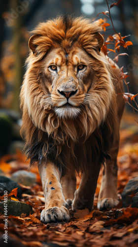 A majestic lion roaming through a dense forest