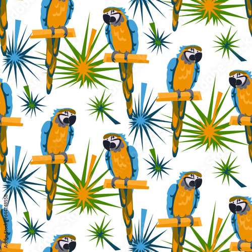 Tropical parrot birds with abstract leaves on a white background. Seamless exotic elegant pattern. Fashionable colors. Ideal for printing on fabric and wallpaper. Big parrots on a branch