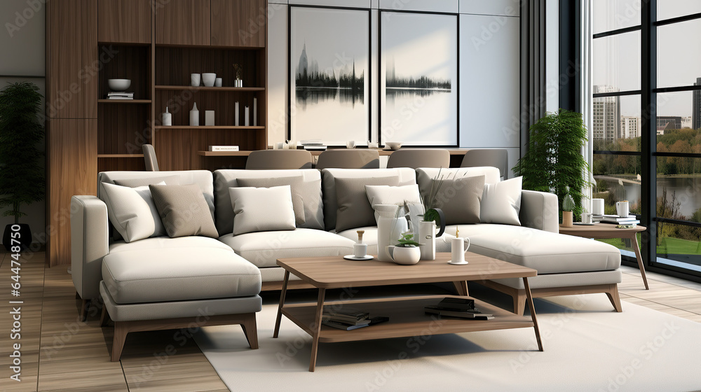 Stylish Living Room Interior Mockup, Modern Interior Design, 3D Render, 3D Illustration