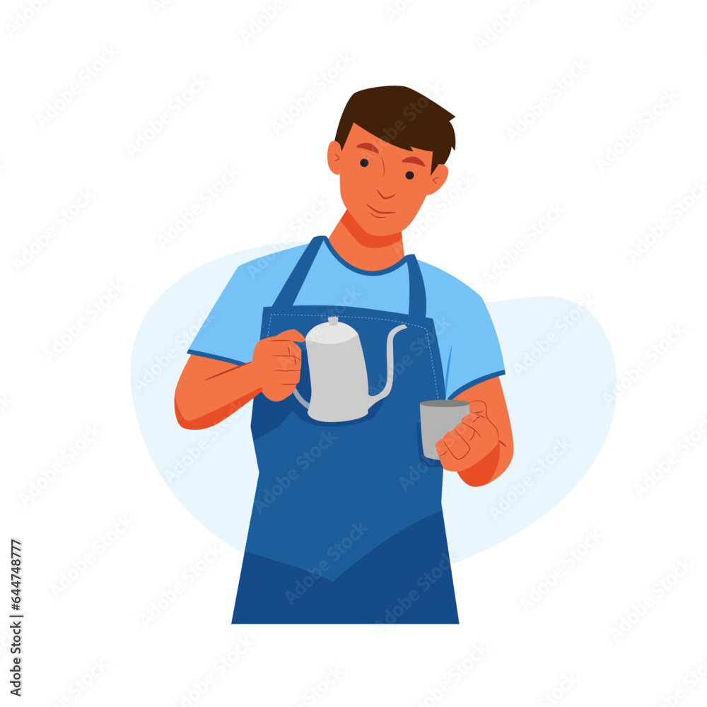 Male barista making coffee wearing short sleeves