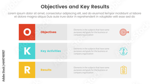 okr objectives and key results infographic 3 point stage template with 3 block row rectangle content concept for slide presentation