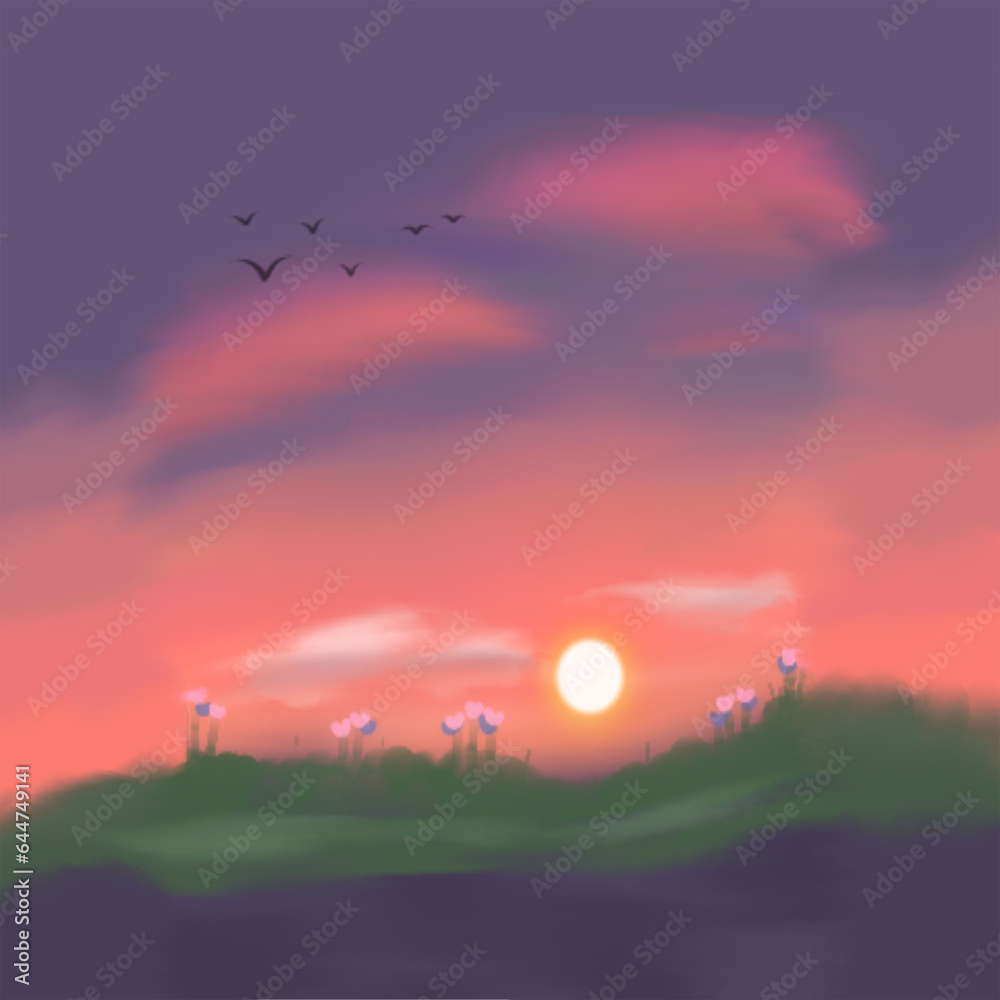 Obraz premium Sue Fah in the evening, the sun is about to set. Violet light mixed with orange sunshine. green grass hills and flowers