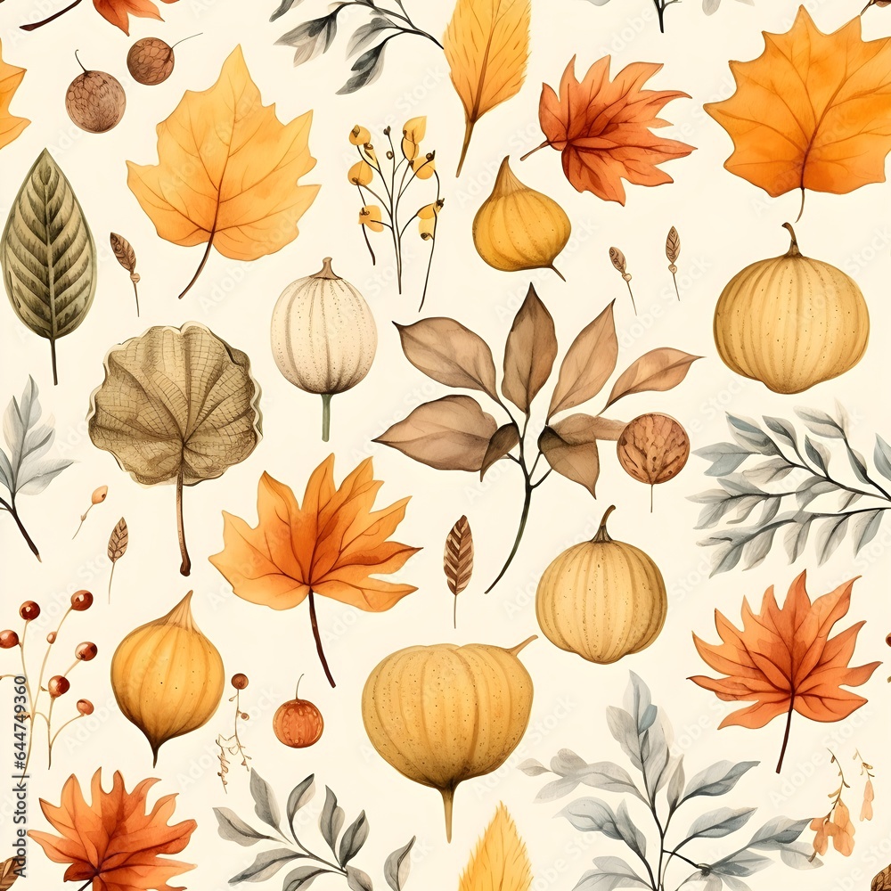 Obraz premium Herbst Muster, nahtlos, Nahtlosmuster, Hintergrund, Blätter, Laub, Pilze, Wald, zauberhaft