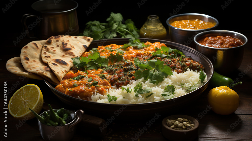 Indian food curry, plate with  palak paneer, rice with dal on wooden background