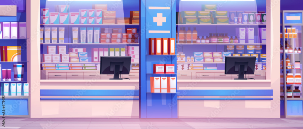Pharmacy interior with computer monitors on glass counter, various medicines in boxes, jars, tubes on shelves and racks. Cartoon vector of empty drugstore inside with medical product and pills,