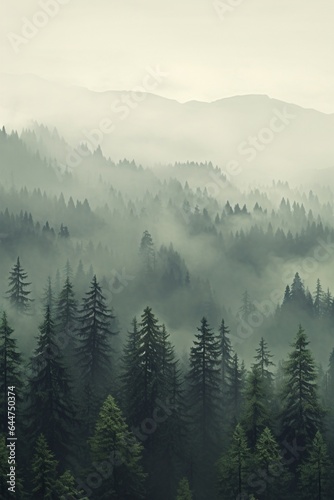 Misty pine forest background