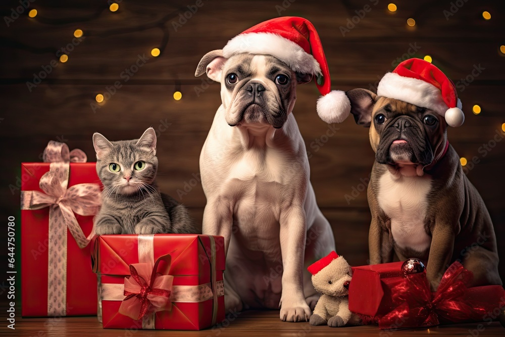 Two boxer dogs and one cat in santa hat with gifts on wooden background, ai generative