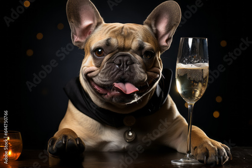 Festive clothing bulldog sitting with glass of champagne on black background. Celebrating concept © zamuruev