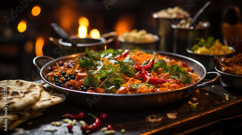 Indian food curry, plate with palak paneer, rice with dal on wooden background