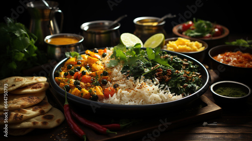 Indian food curry, plate with  palak paneer, rice with dal on wooden background