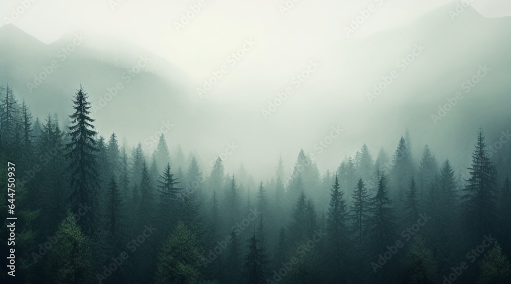 Misty pine forest background - obrazy, fototapety, plakaty 