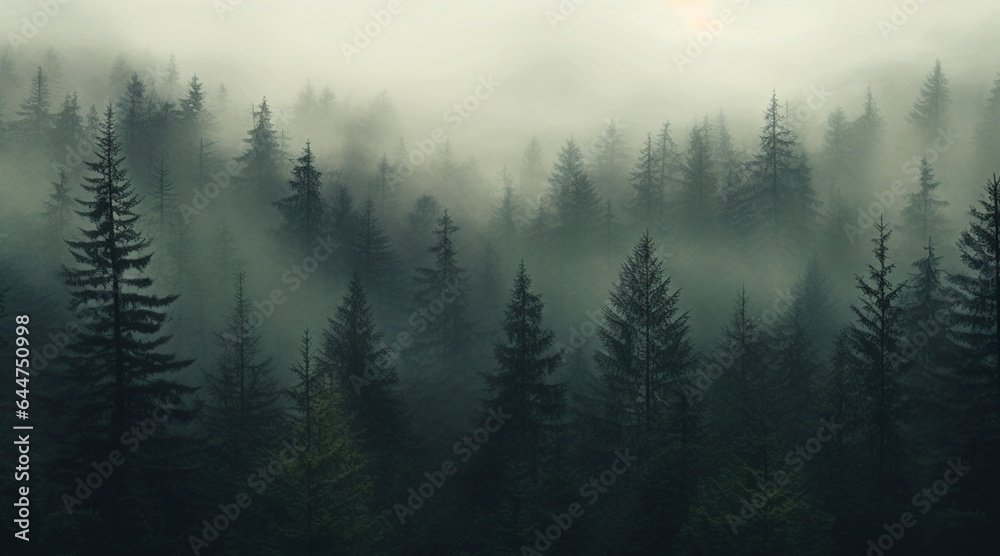 Misty pine forest background