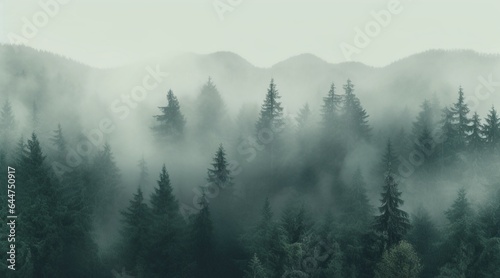 Misty pine forest background