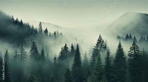 Misty pine forest background © VeloonaP