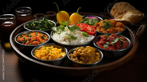 Indian food curry, plate with palak paneer, rice with dal on wooden background