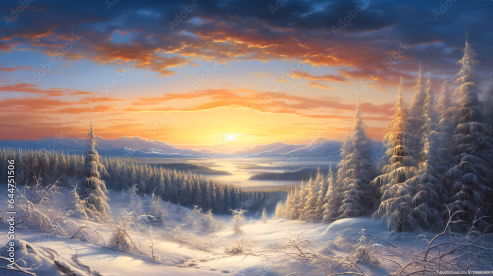 Fototapeta premium A Snowy Symphony, Sunlight Dances on Glistening Snowflakes