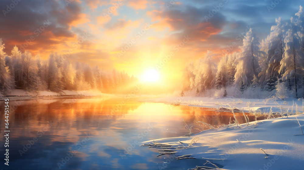 Fototapeta premium A Snowy Symphony, Sunlight Dances on Glistening Snowflakes