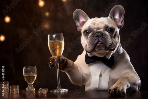 Festive clothing bulldog sitting with glass of champagne. Celebrating concept © zamuruev