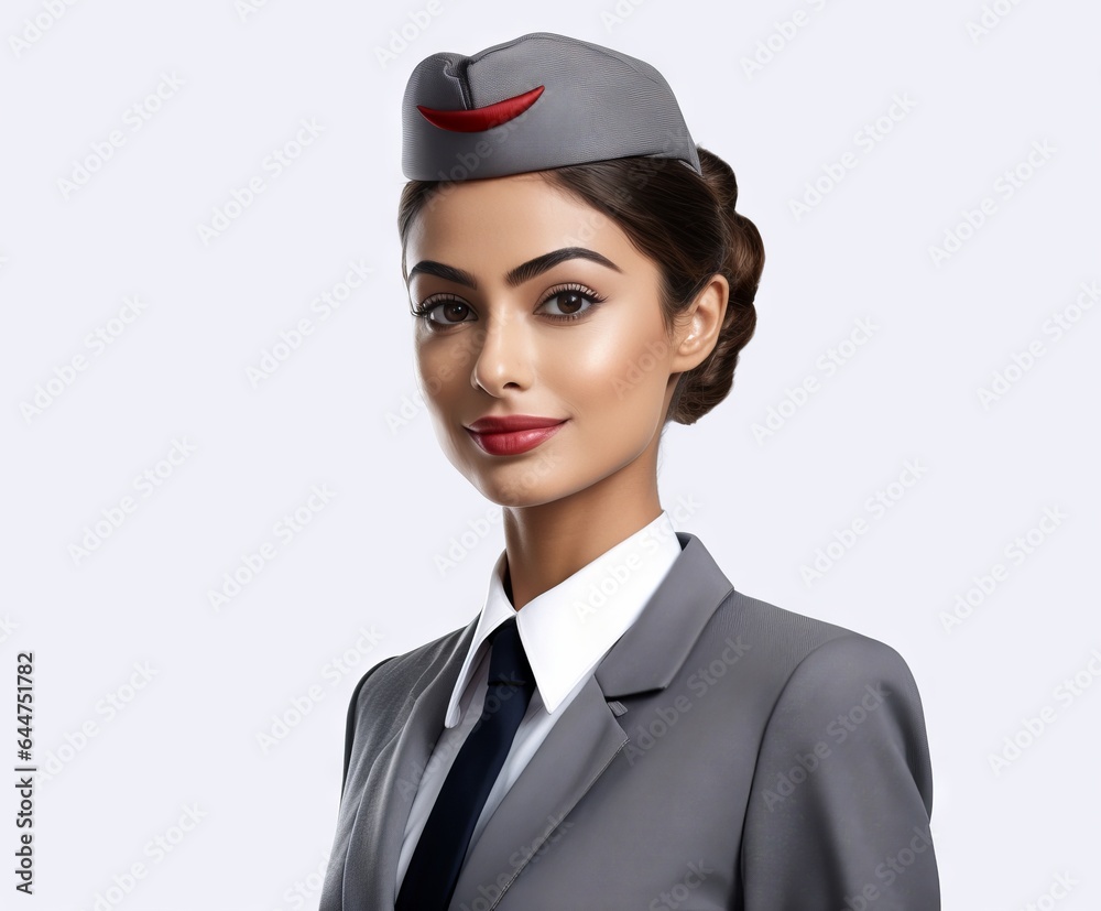 Woman flight attendant wearing a hat isolated on plain background Woman flight attendant wearing a hat isolated on plain background