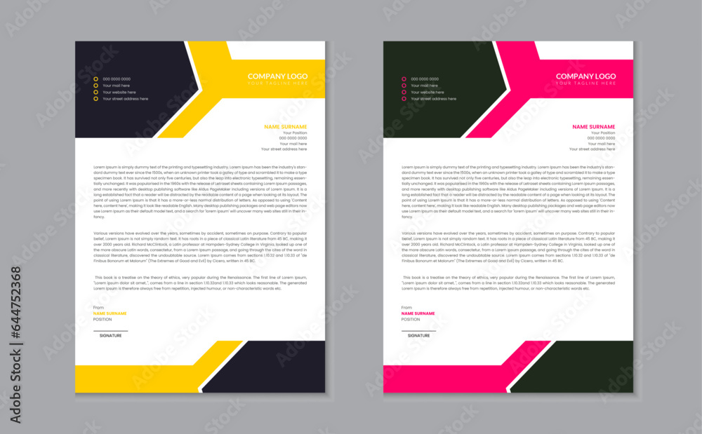 Clean and professional Business style letterhead template With Yellow and Pink Color variation.