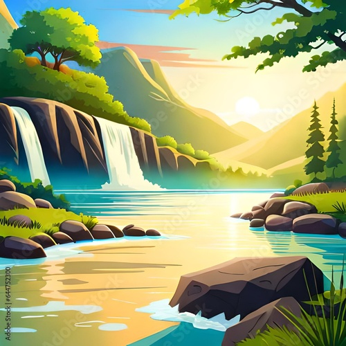 Waterfall scene with flowing river  trees beside river  realistic detail