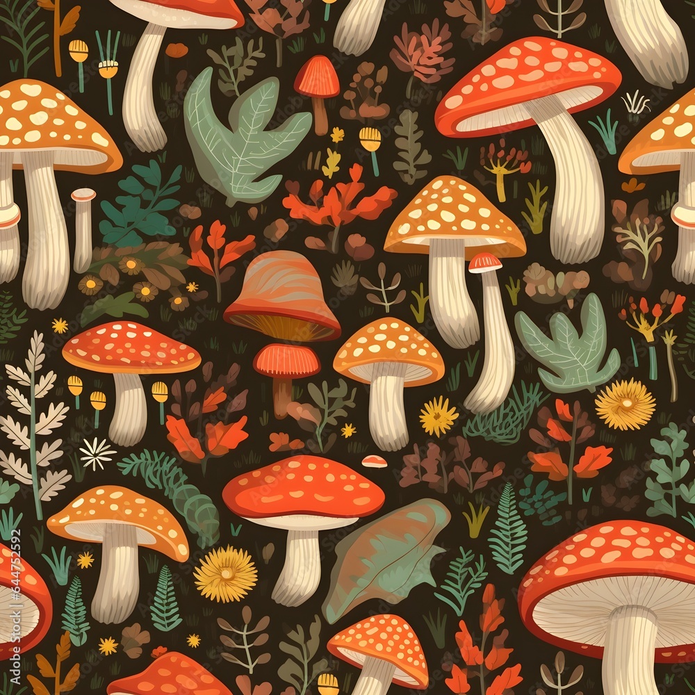 Pilz Muster, Herbst Muster, nahtlos, Nahtlosmuster, Hintergrund, Blätter, Laub, Pilze, Wald, zauberhaft