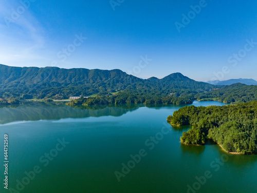 Aerial photography of large reservoirs in the mountains