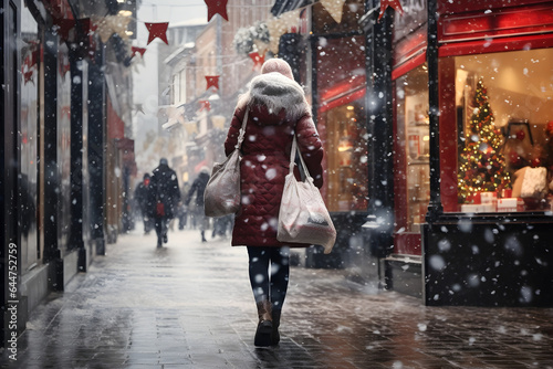 A woman walking at a shopping street with Christmas decorations for buying gifts and presents while snowing during a winter day