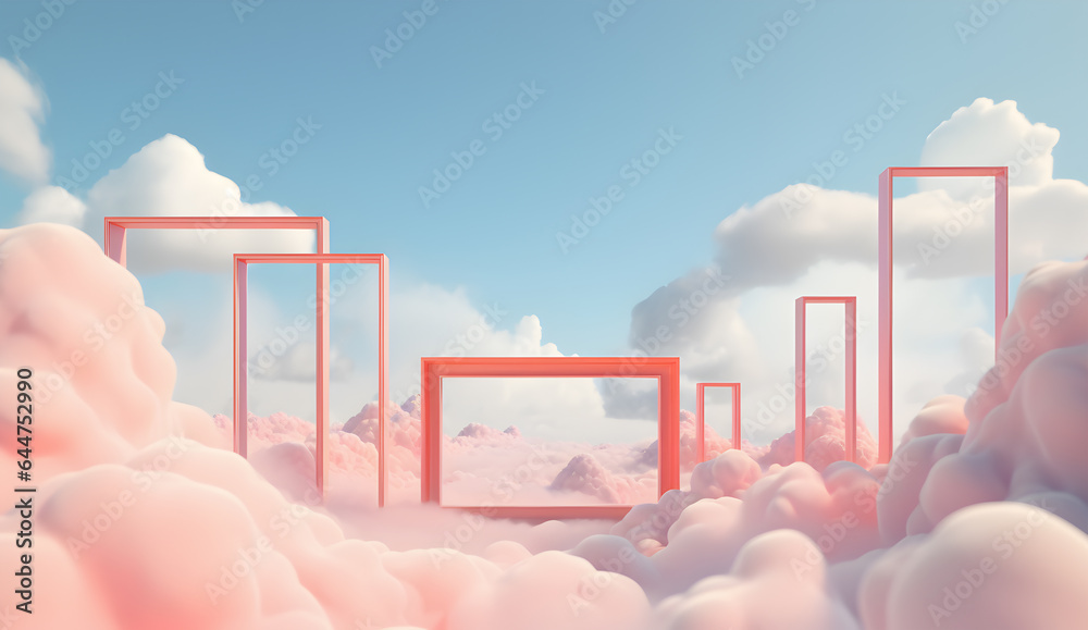 3D Mockup Pastel clouds background with empty blank photo frames, for product presentation. copy text space. - obrazy, fototapety, plakaty 