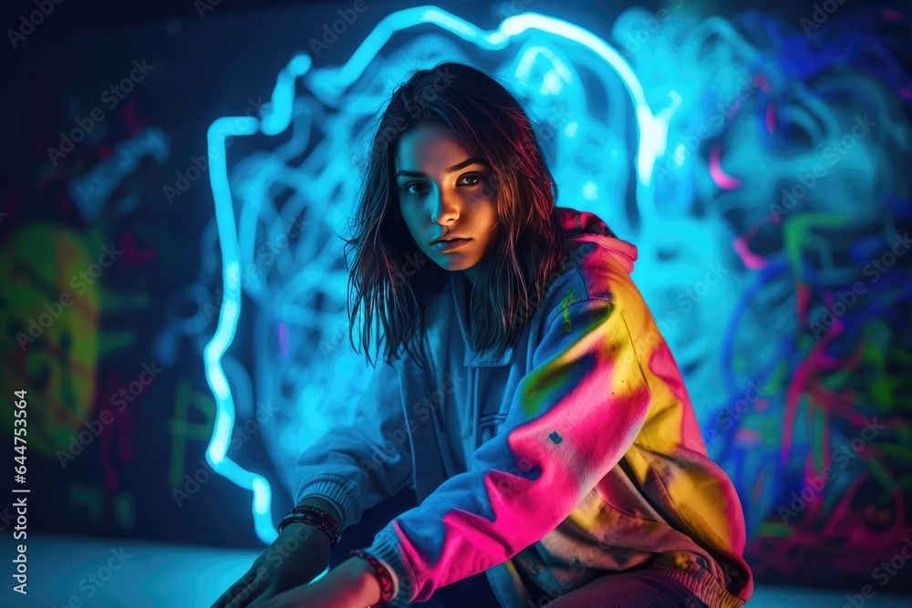 Fictional Character Created By Generated AI.Neon-Lit Portrait of a Young Woman