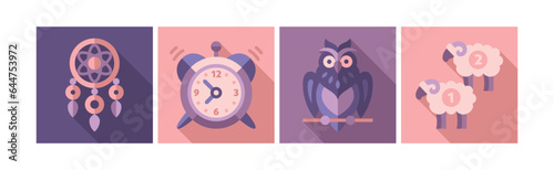 Sleep Time Flat Icons and Object in Square Shape Vector Set