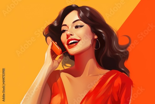 Fictional Character Created By Generated AI.Beautiful Woman in Red Dress Talks on Cell Phone