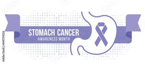 Stomach cancer awareness month - Text in ribbon banner with Periwinkle ribbon awareness symbol in stomach line sign on dots texture background vector design