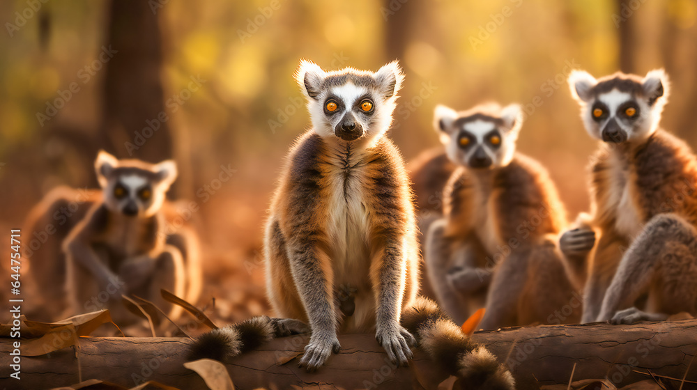 Fototapeta premium Curious Lemur Family Investigating Their Surroundings. Generative AI