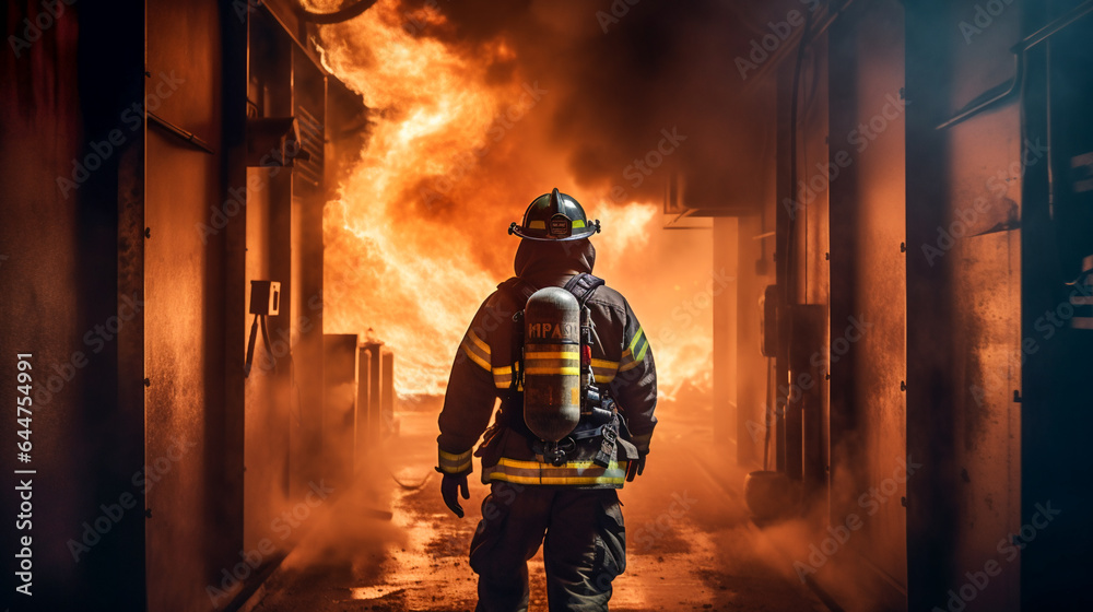 Brave Firefighter in Smoke. Dramatic Firefighting Scene Brave Firefighter in Smoke. Dramatic Firefighting Scene