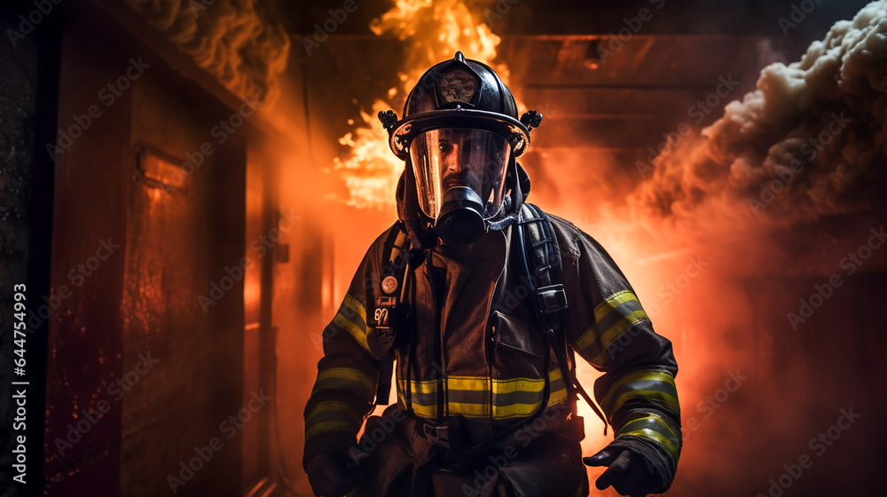 Brave Firefighter in Smoke. Dramatic Firefighting Scene Brave Firefighter in Smoke. Dramatic Firefighting Scene