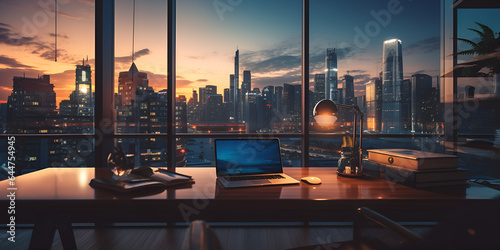 A laptop over a desk and windows with skyline view A desk in front of a window with a view of the Empire State Building Modern workspace with skyline view