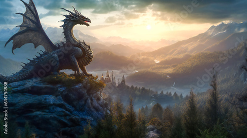 Dragon on the peak of a mountain. Generative AI © EwaStudio