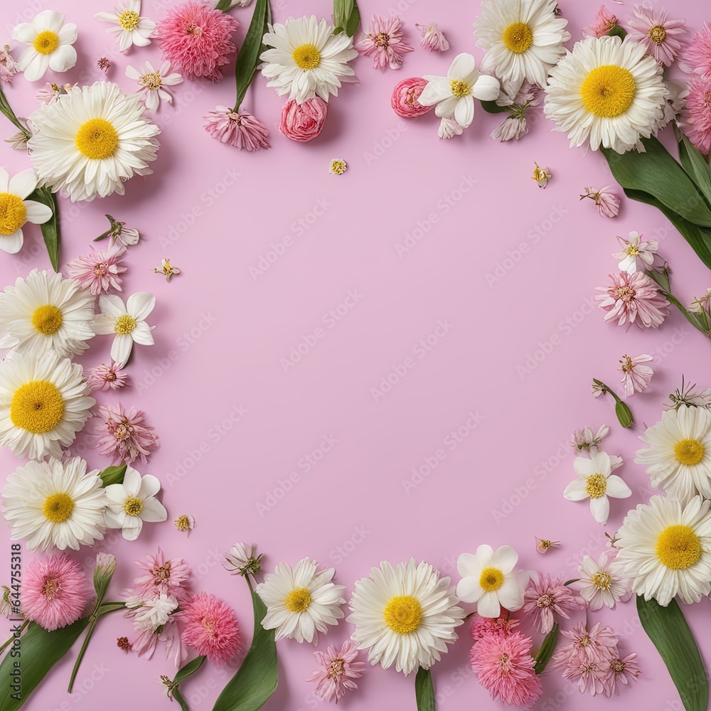 frame with beautiful flowers on a pink background. flat lay, top viewframe with beautiful flowers on a pink background. flat lay, top viewframe with flowers and pink daisies on pink background, flat l