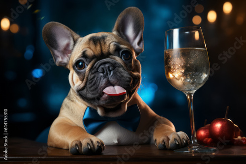 Festive clothing bulldog sitting with glass of champagne. Celebrating concept © zamuruev
