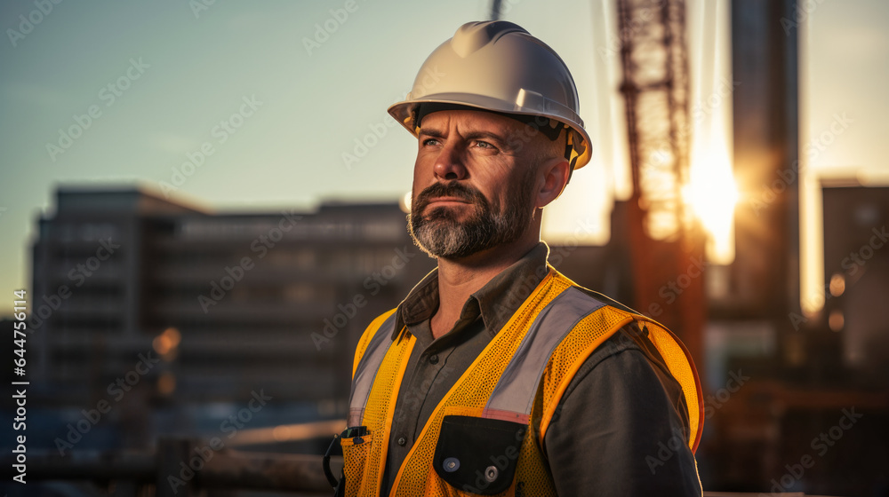 Engineer on a Skyscraper Site. Skyscraper Builder in the Evening Light