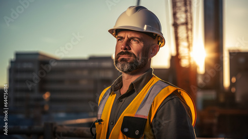 Engineer on a Skyscraper Site. Skyscraper Builder in the Evening Light