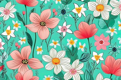 vector seamless floral pattern with watercolor flowers.vector floral background, seamless patternvector seamless floral pattern with watercolor flowers. photo