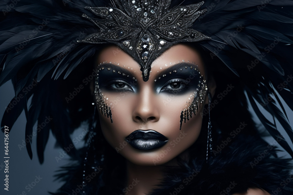 Dramatic Crow-Inspired Beauty. Feathered Fantasy Elegance Unveiled. AI Generated Dramatic Crow-Inspired Beauty. Feathered Fantasy Elegance Unveiled. AI Generated
