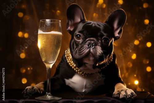 Festive clothing bulldog sitting with glass of champagne. Celebrating concept © zamuruev